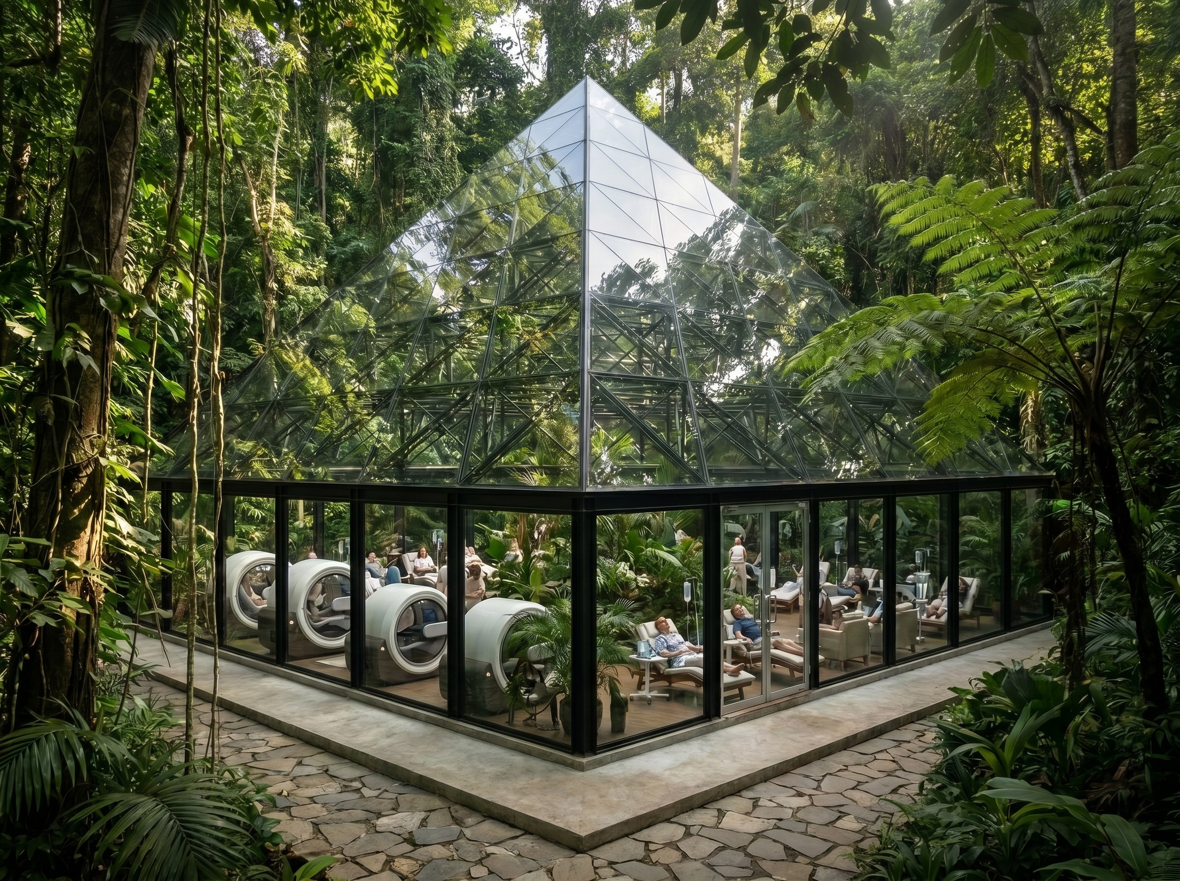 Holistic Health Hub Bali — glass pyramid facility with hyperbaric chambers in tropical jungle setting